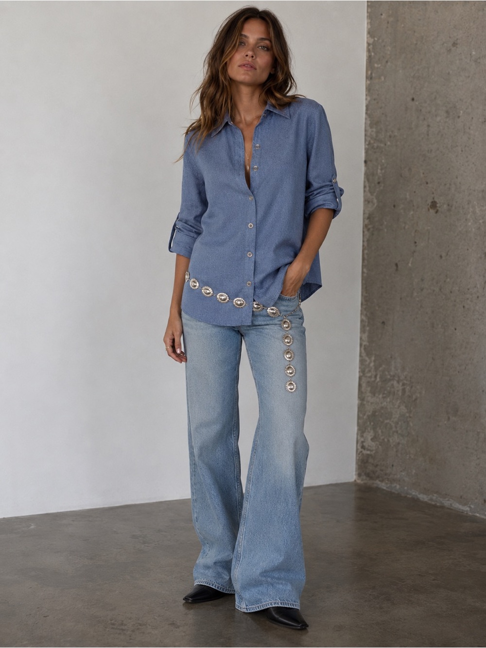 🌿 COMPANY Ellen Tracy 100% Linen Snap Front Blouse Blue M